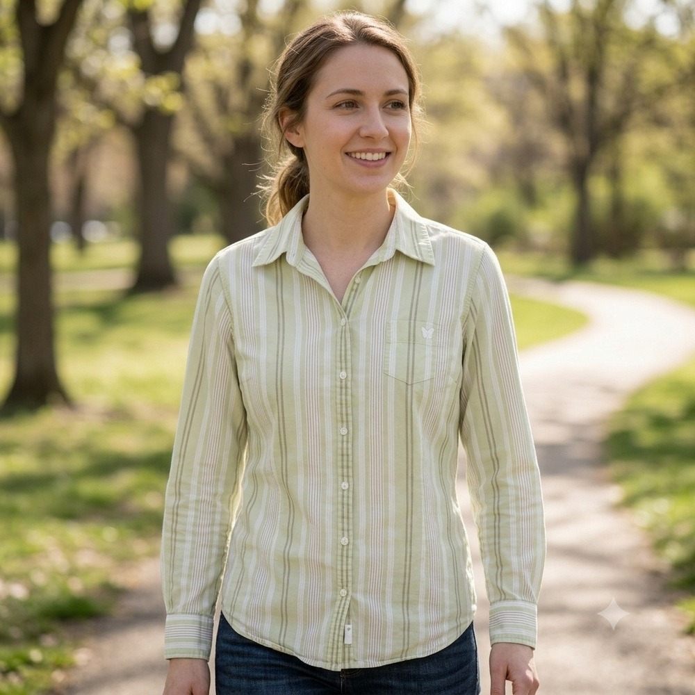 Aeropostale Womens Sage Green Striped Cotton Button Down Shirt Butterfly Logo M